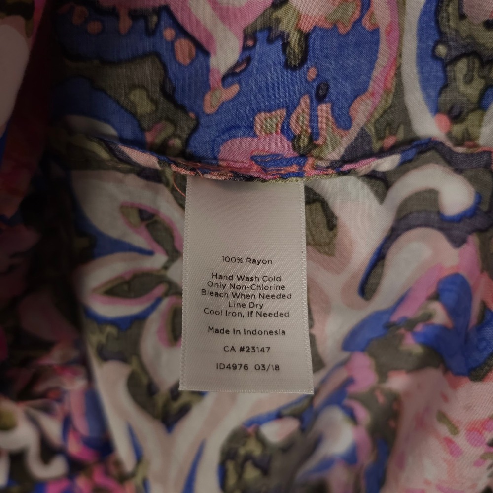 Talbots Shirt Womens XLP Petite Pink Blue Floral Ruffle Trim Keyhole Neck Blouse - Picture 4 of 10
